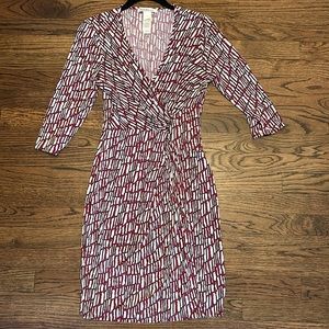 Landry Faux wrap midi dress, amazing red white and black print